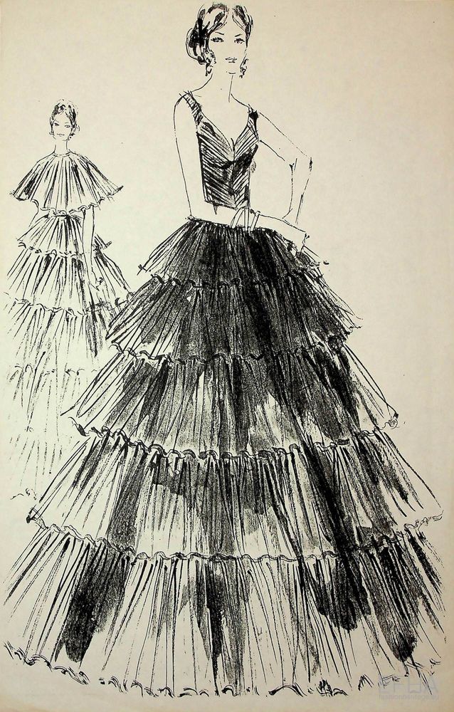 Photocopy of Design Sketch, frilled sleeveless evening dress